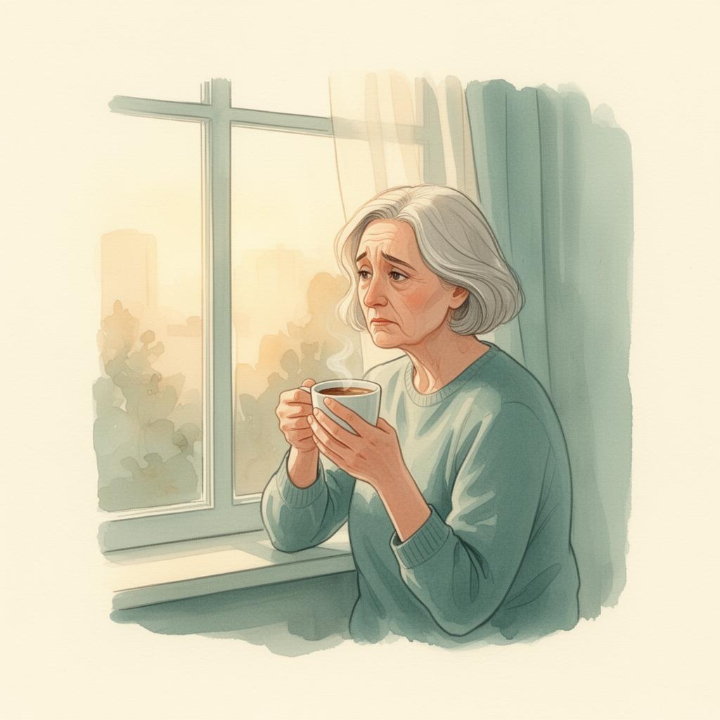 Older woman looking thoughtfully out a window