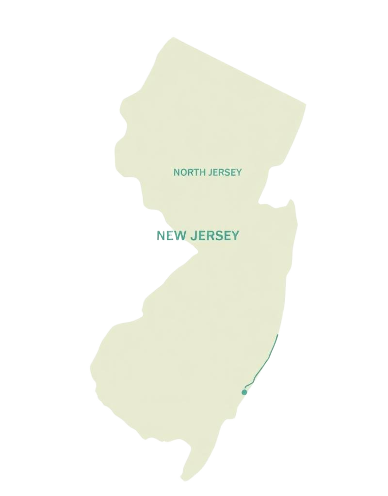 Map of New Jersey highlighting North Jersey, Central Jersey, and South Jersey recovery support regions
